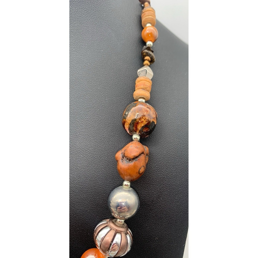 Silver Tone Stone Wood And Acrylic Chunky Boho Necklace 18-20 Inches - Picture 2 of 6